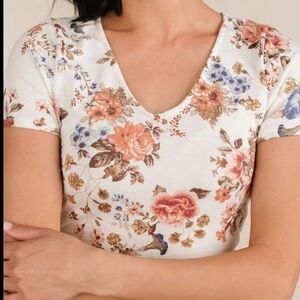 AMPERSAND AVE Cream Floral V-Neck Short Sleeve Bodysuit